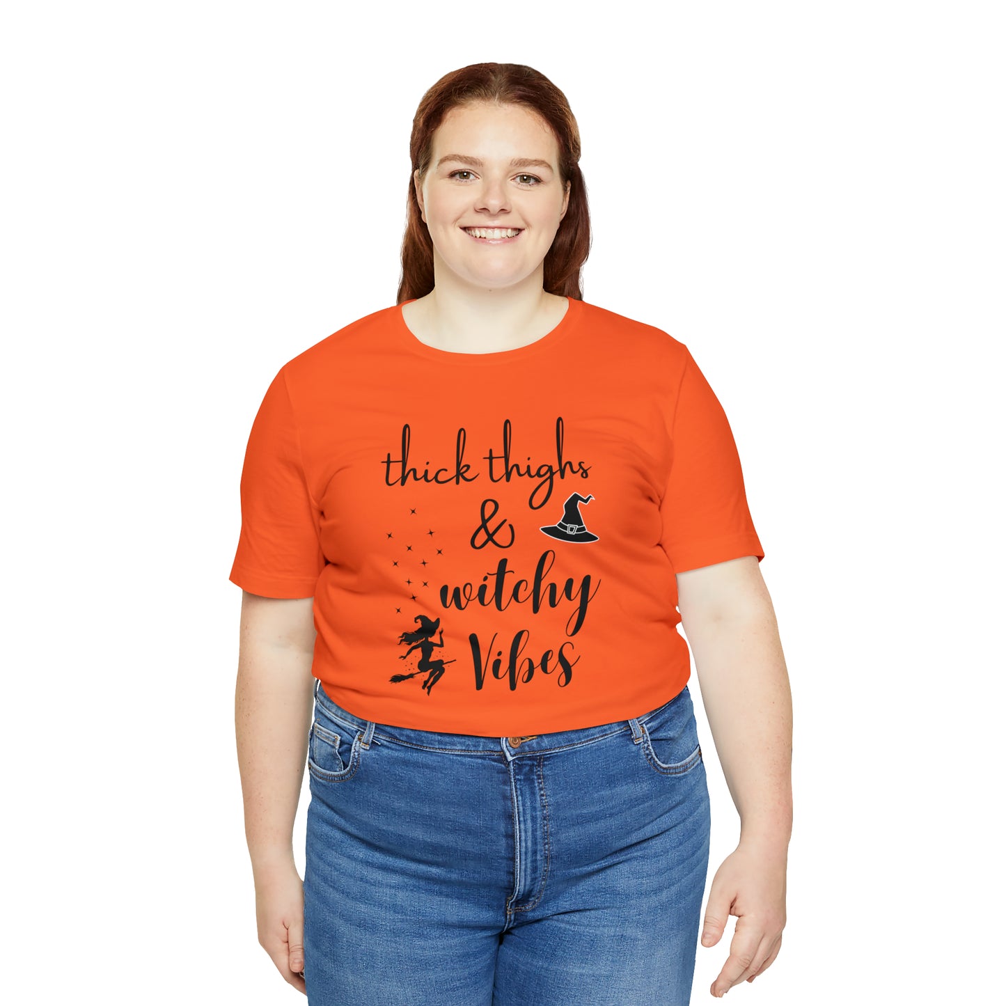 "Thick Thighs & Witchy Vibes" T-shirt | Trendy Halloween Apparel | Funny Halloween T-Shirts for Moms | Halloween Mom Shirts | Witchy Mom Shirt | Birthday Gift Ideas for Moms that Love Halloween