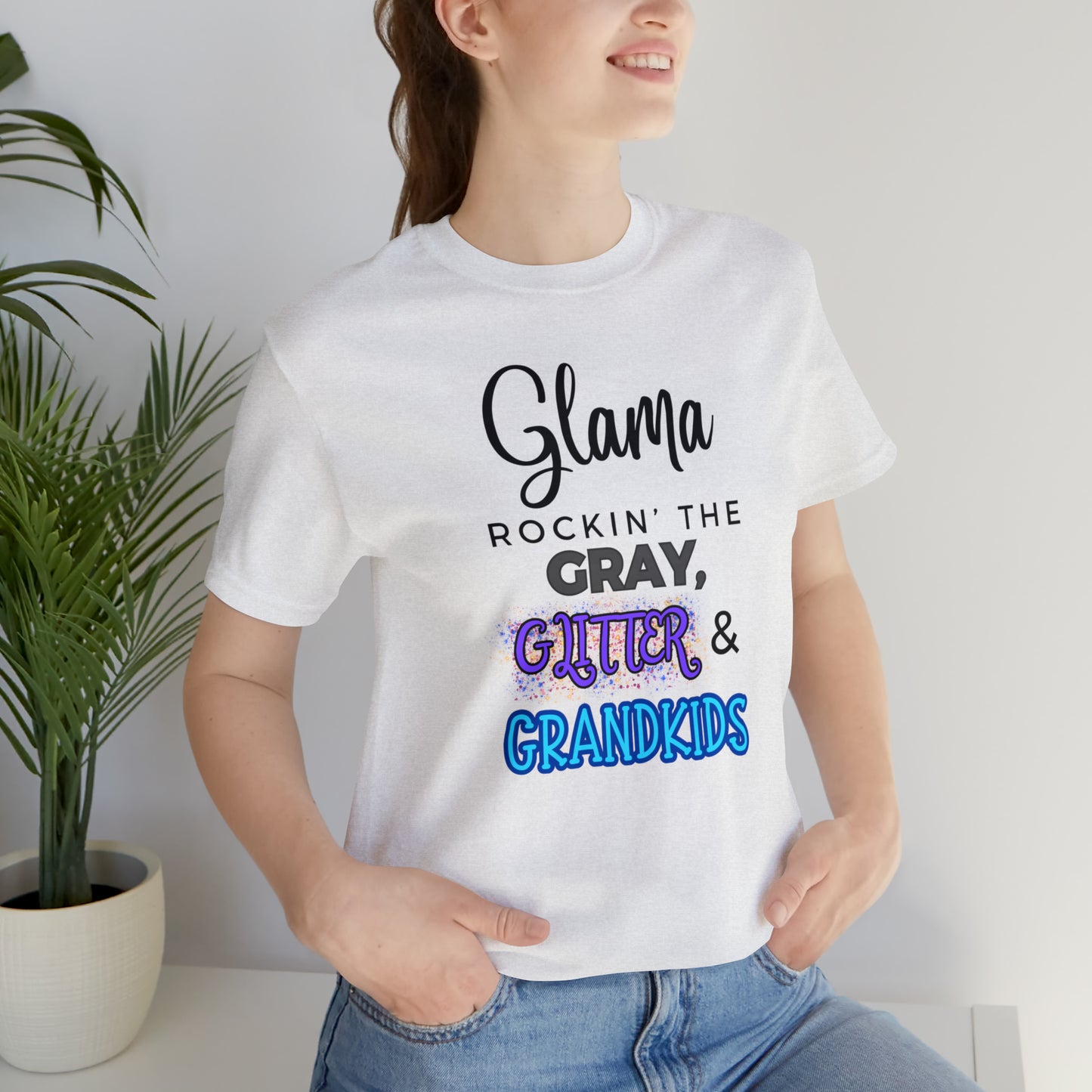 "Glama Rockin' the Gray, Glitter & Grandkids" T-Shirt | Cute Glama Shirt | Glama Tee | Mother's Day Gift Ideas for Grandma | Grandma Shirt | Grandma Apparel | Gift Ideas for Grama | Shirt for Grama