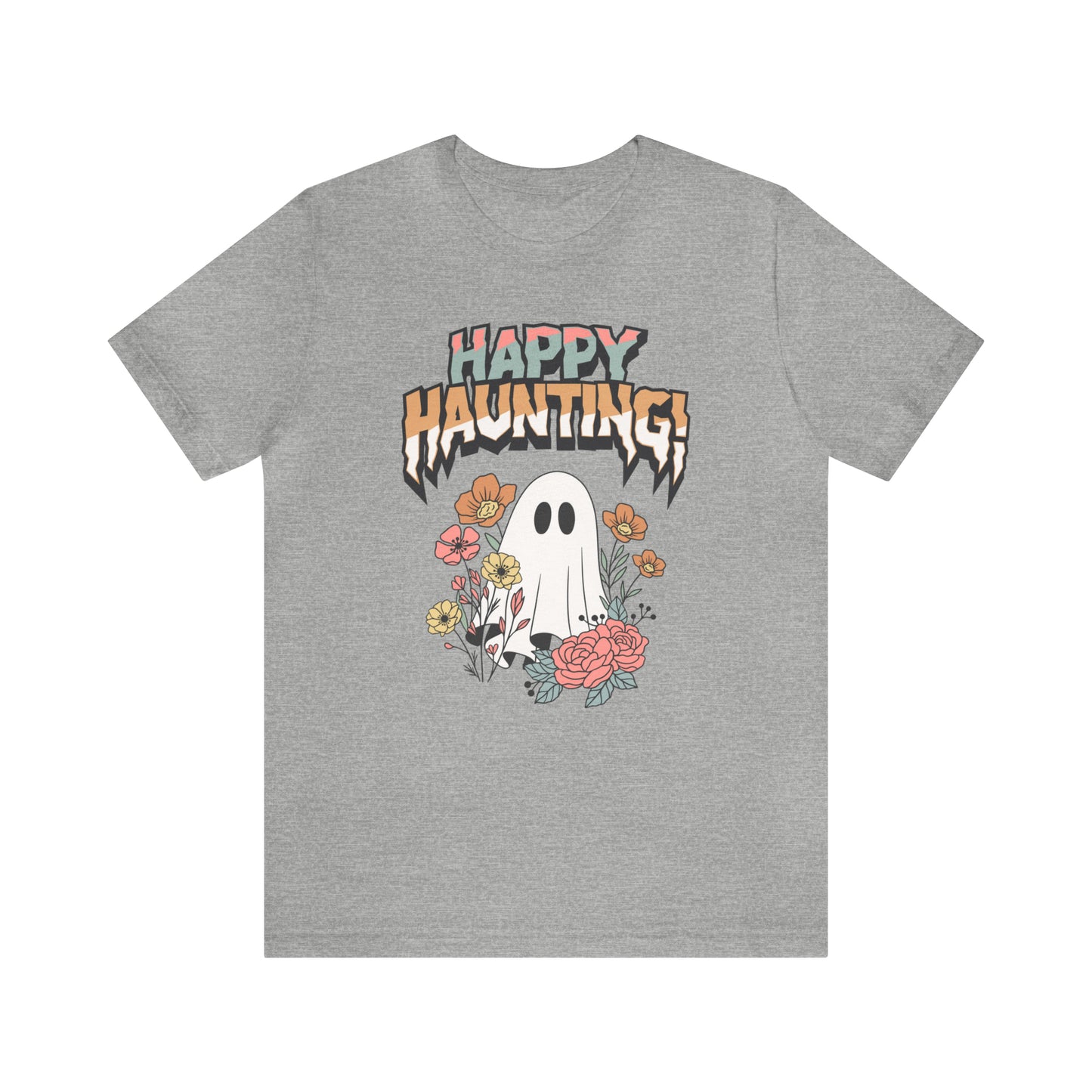 "Happy Haunting" T-Shirt | Boho Halloween Shirt | Feminine Halloween Shirt for Women | Trendy Halloween Apparel for Moms | Birthday Gift Ideas for Mom | Cute and Spooky Halloween Tee | Spooky Season Shirt for Women