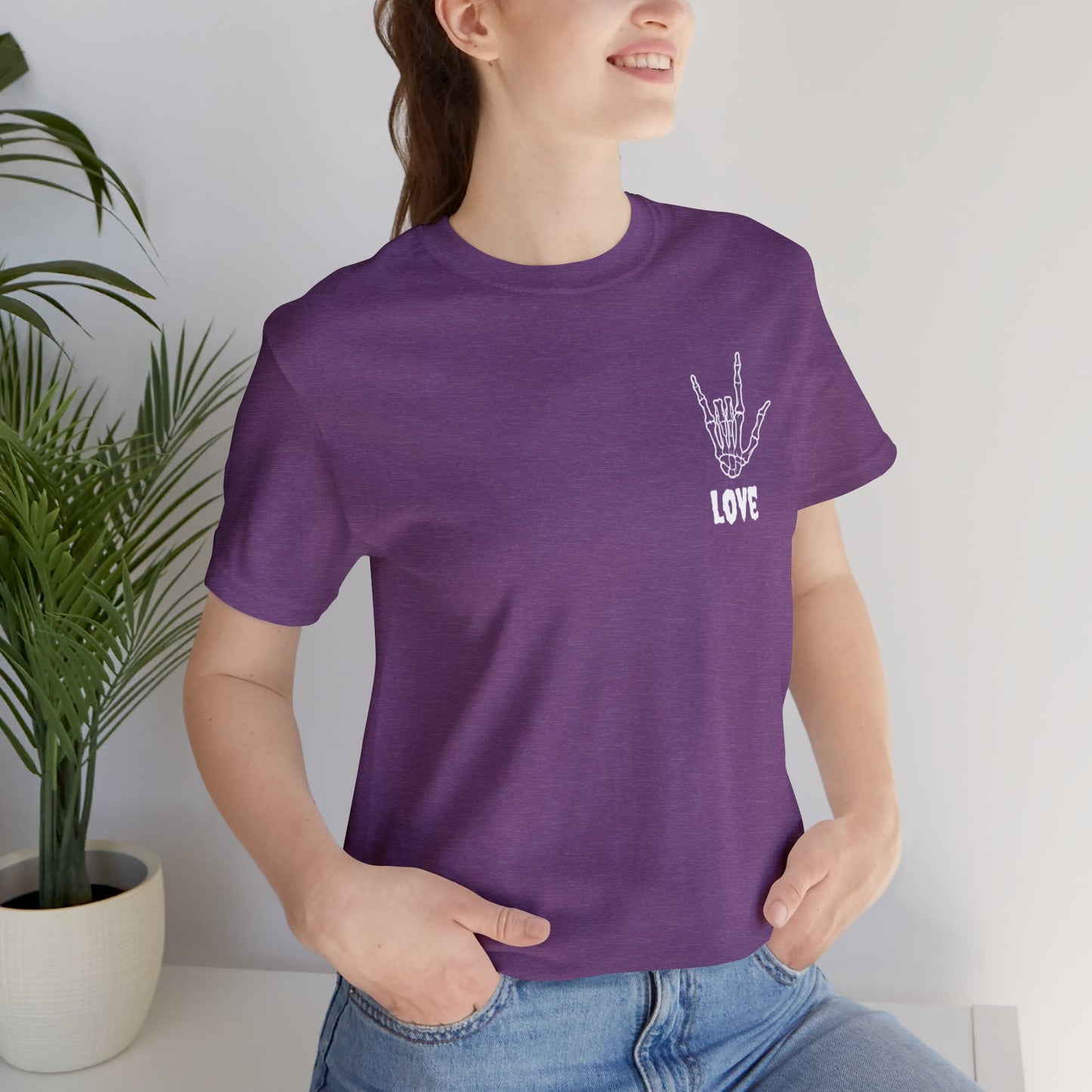 "Love" T-Shirt | Ladies Valentine's Day Shirt | Women's Tee for V Day | Gift for Her | Skeleton Valentine's T-shirts for Women | Sign Language Valentine's Day Tee for Women