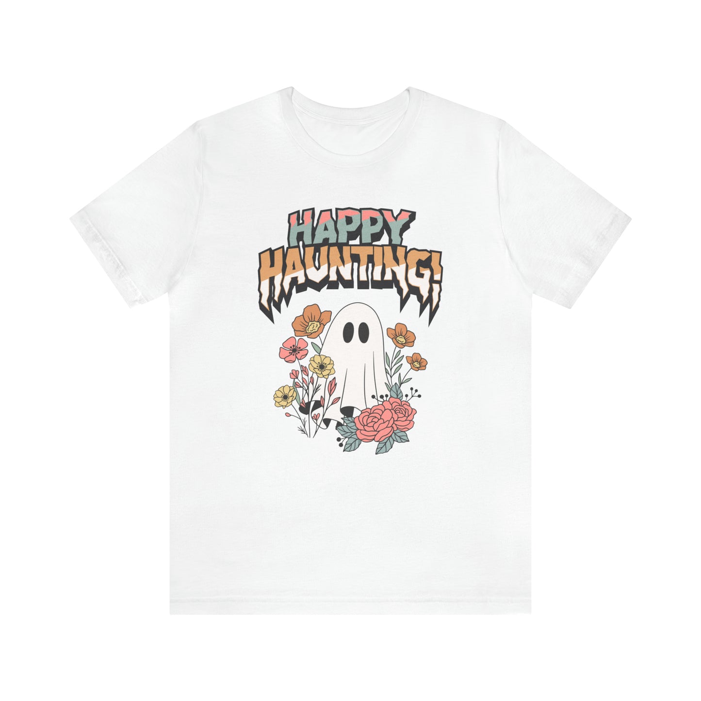 "Happy Haunting" T-Shirt | Boho Halloween Shirt | Feminine Halloween Shirt for Women | Trendy Halloween Apparel for Moms | Birthday Gift Ideas for Mom | Cute and Spooky Halloween Tee | Spooky Season Shirt for Women