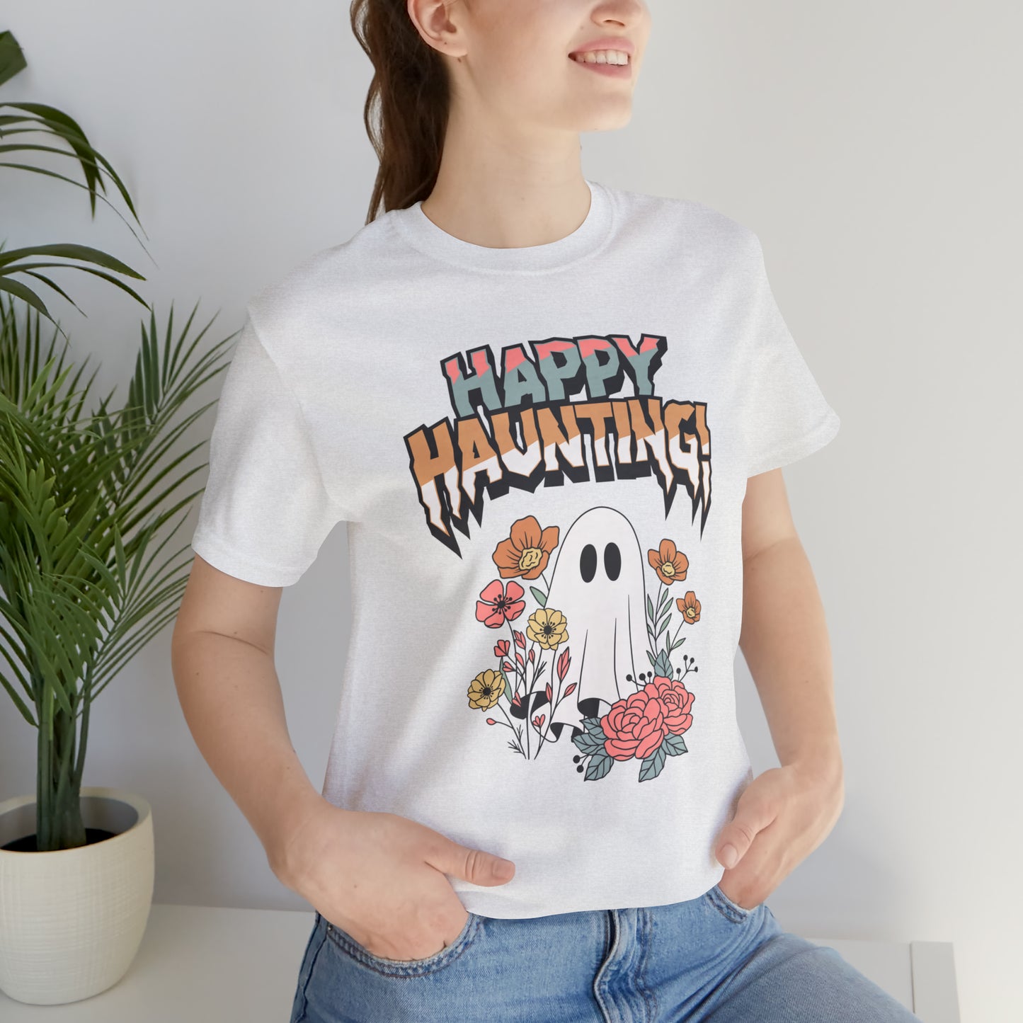 "Happy Haunting" T-Shirt | Boho Halloween Shirt | Feminine Halloween Shirt for Women | Trendy Halloween Apparel for Moms | Birthday Gift Ideas for Mom | Cute and Spooky Halloween Tee | Spooky Season Shirt for Women