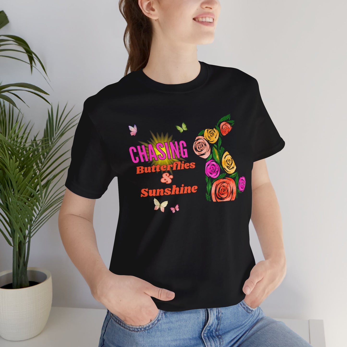 "Chasing Butterflies & Sunshine" T-Shirt | Easter Clothing | Humor Easter Shirt | Easter Gift for Her | Womens Easter T Shirt | Easter Bunny Shirt for Women | Spring Shirt