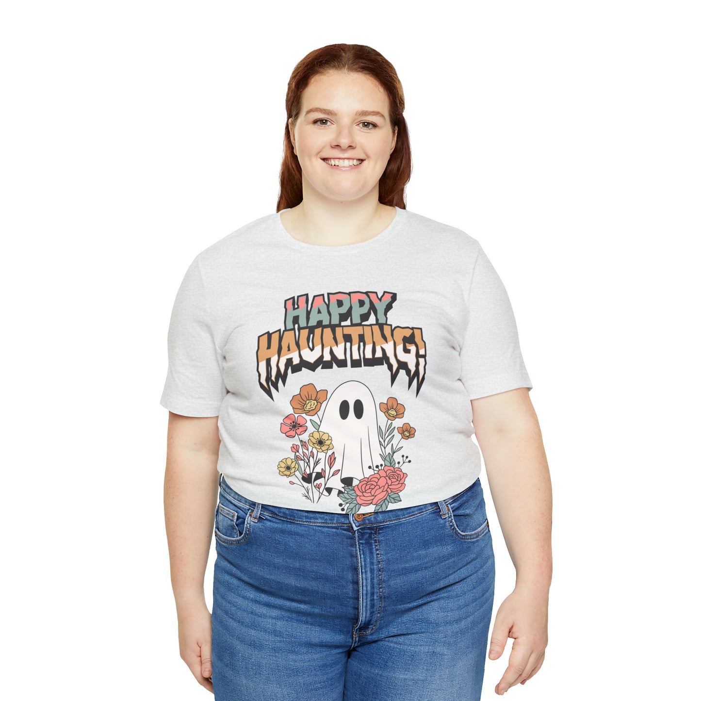 "Happy Haunting" T-Shirt | Boho Halloween Shirt | Feminine Halloween Shirt for Women | Trendy Halloween Apparel for Moms | Birthday Gift Ideas for Mom | Cute and Spooky Halloween Tee | Spooky Season Shirt for Women