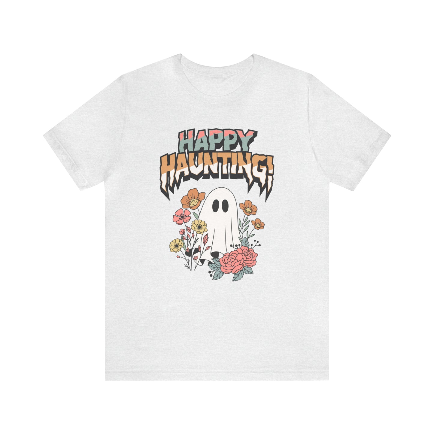 "Happy Haunting" T-Shirt | Boho Halloween Shirt | Feminine Halloween Shirt for Women | Trendy Halloween Apparel for Moms | Birthday Gift Ideas for Mom | Cute and Spooky Halloween Tee | Spooky Season Shirt for Women