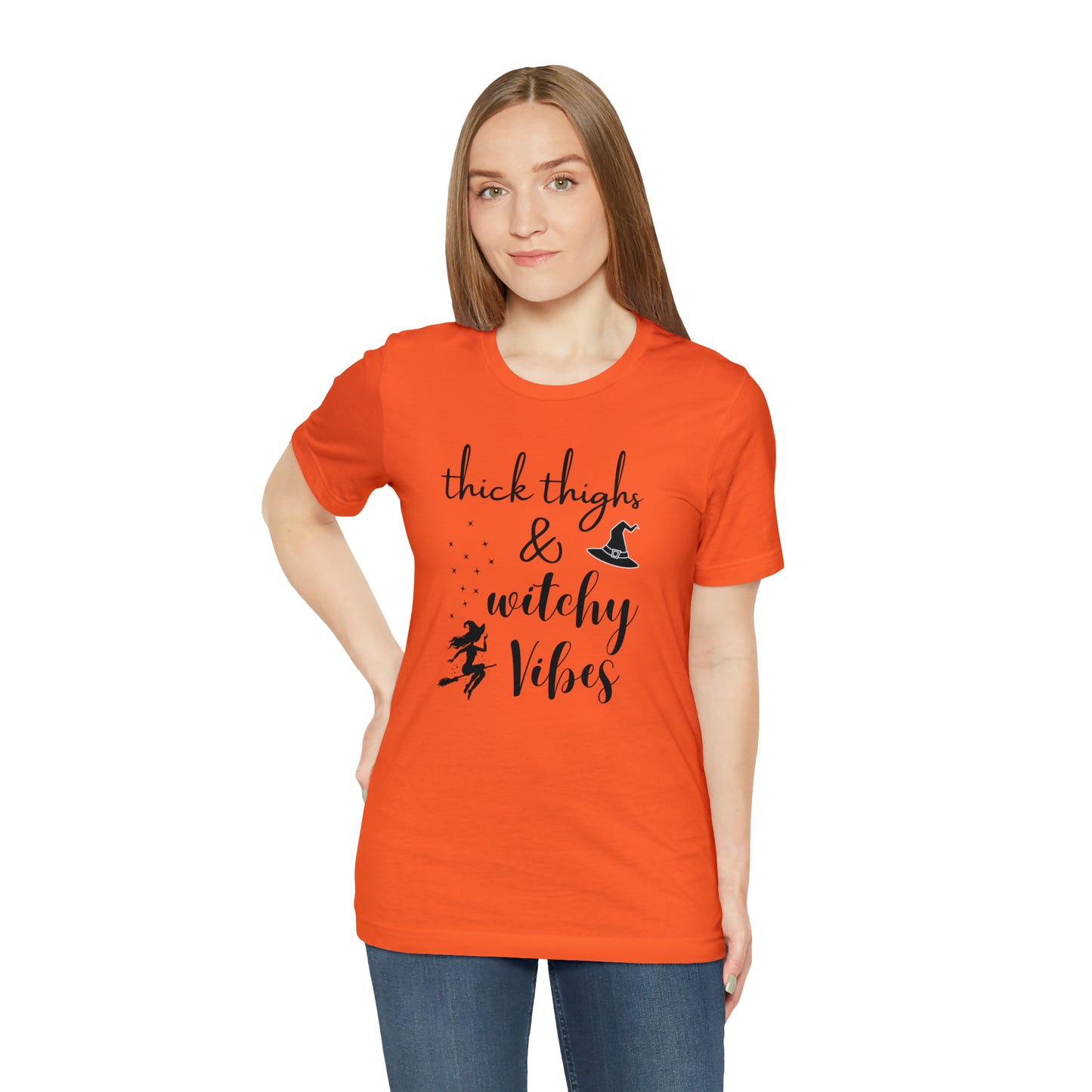 "Thick Thighs & Witchy Vibes" T-shirt | Trendy Halloween Apparel | Funny Halloween T-Shirts for Moms | Halloween Mom Shirts | Witchy Mom Shirt | Birthday Gift Ideas for Moms that Love Halloween