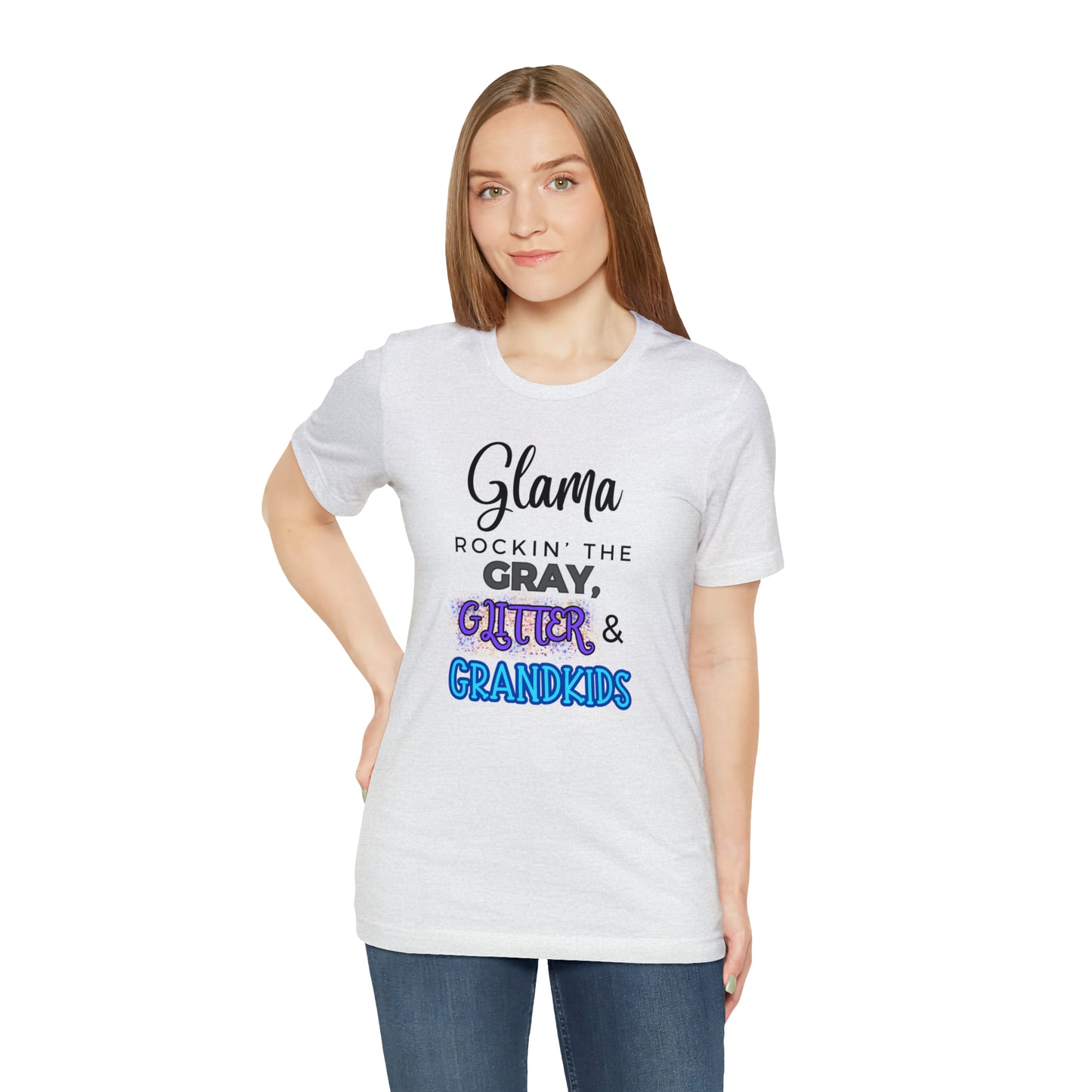 "Glama Rockin' the Gray, Glitter & Grandkids" T-Shirt | Cute Glama Shirt | Glama Tee | Mother's Day Gift Ideas for Grandma | Grandma Shirt | Grandma Apparel | Gift Ideas for Grama | Shirt for Grama