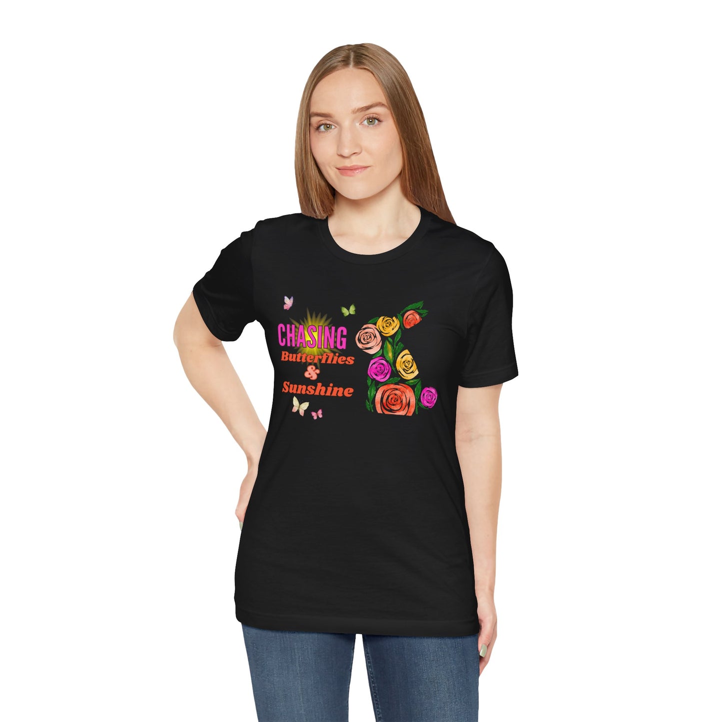 "Chasing Butterflies & Sunshine" T-Shirt | Easter Clothing | Humor Easter Shirt | Easter Gift for Her | Womens Easter T Shirt | Easter Bunny Shirt for Women | Spring Shirt