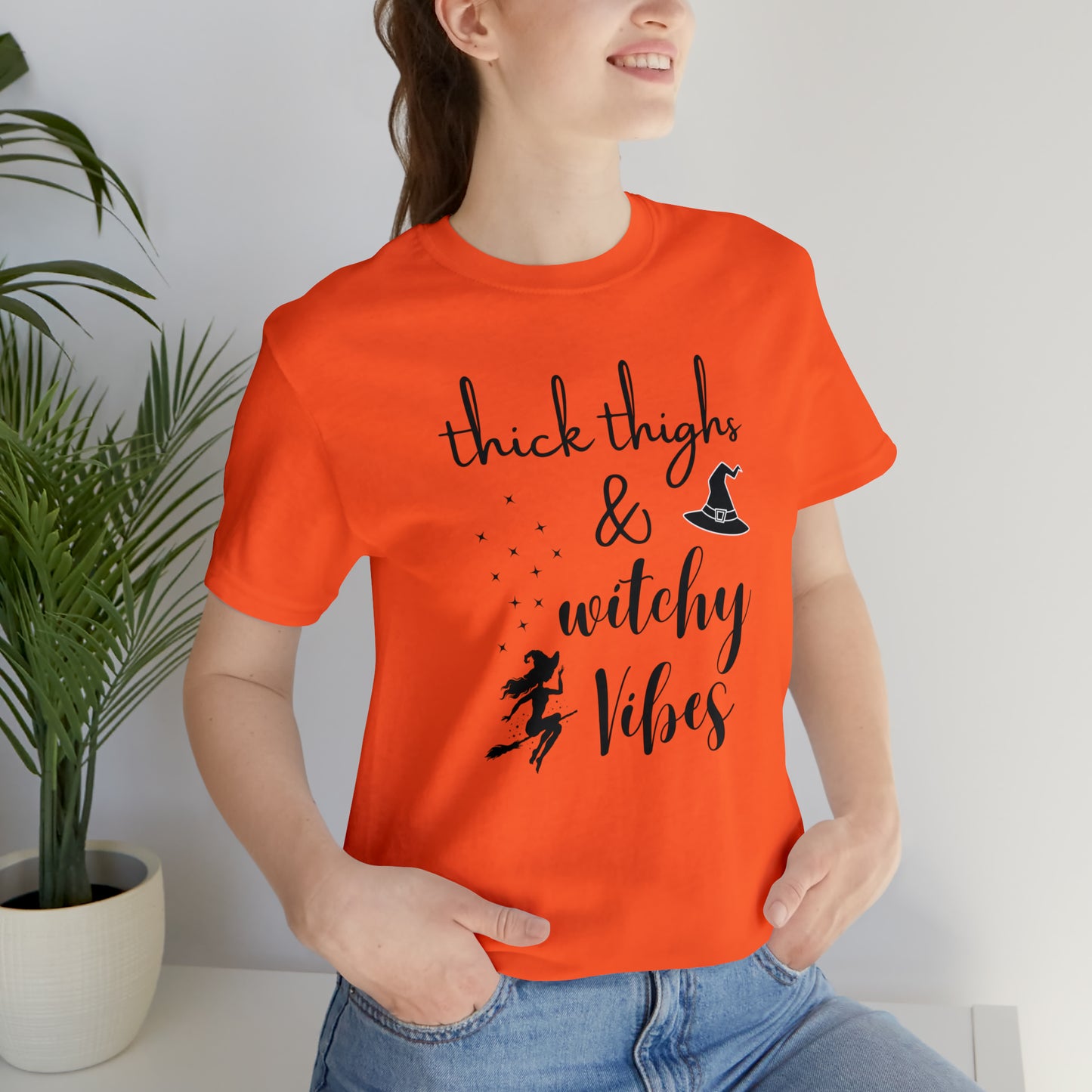 "Thick Thighs & Witchy Vibes" T-shirt | Trendy Halloween Apparel | Funny Halloween T-Shirts for Moms | Halloween Mom Shirts | Witchy Mom Shirt | Birthday Gift Ideas for Moms that Love Halloween