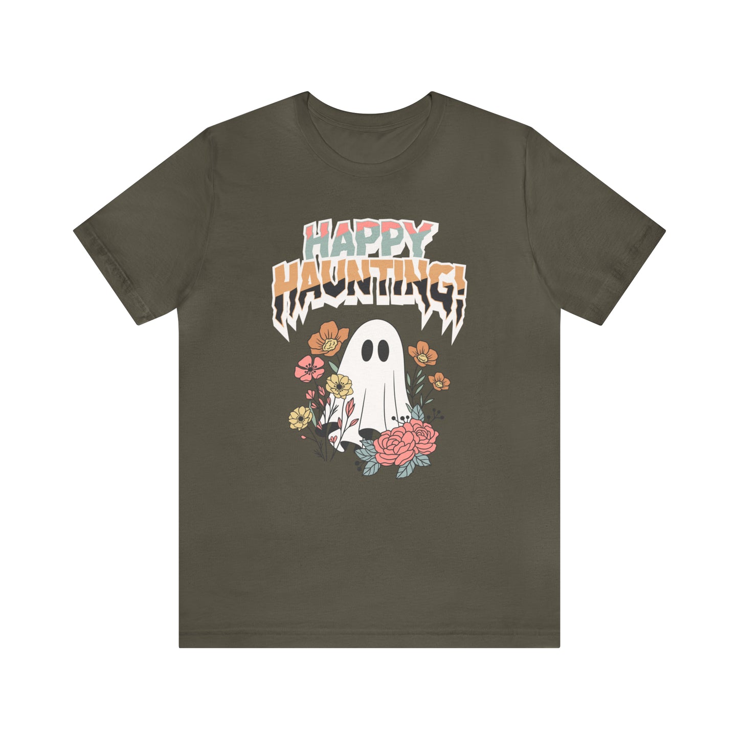 "Happy Haunting" T-Shirt | Boho Halloween Shirt | Feminine Halloween Shirt for Women | Trendy Halloween Apparel for Moms | Birthday Gift Ideas for Mom | Cute and Spooky Halloween Tee | Spooky Season Shirt for Women