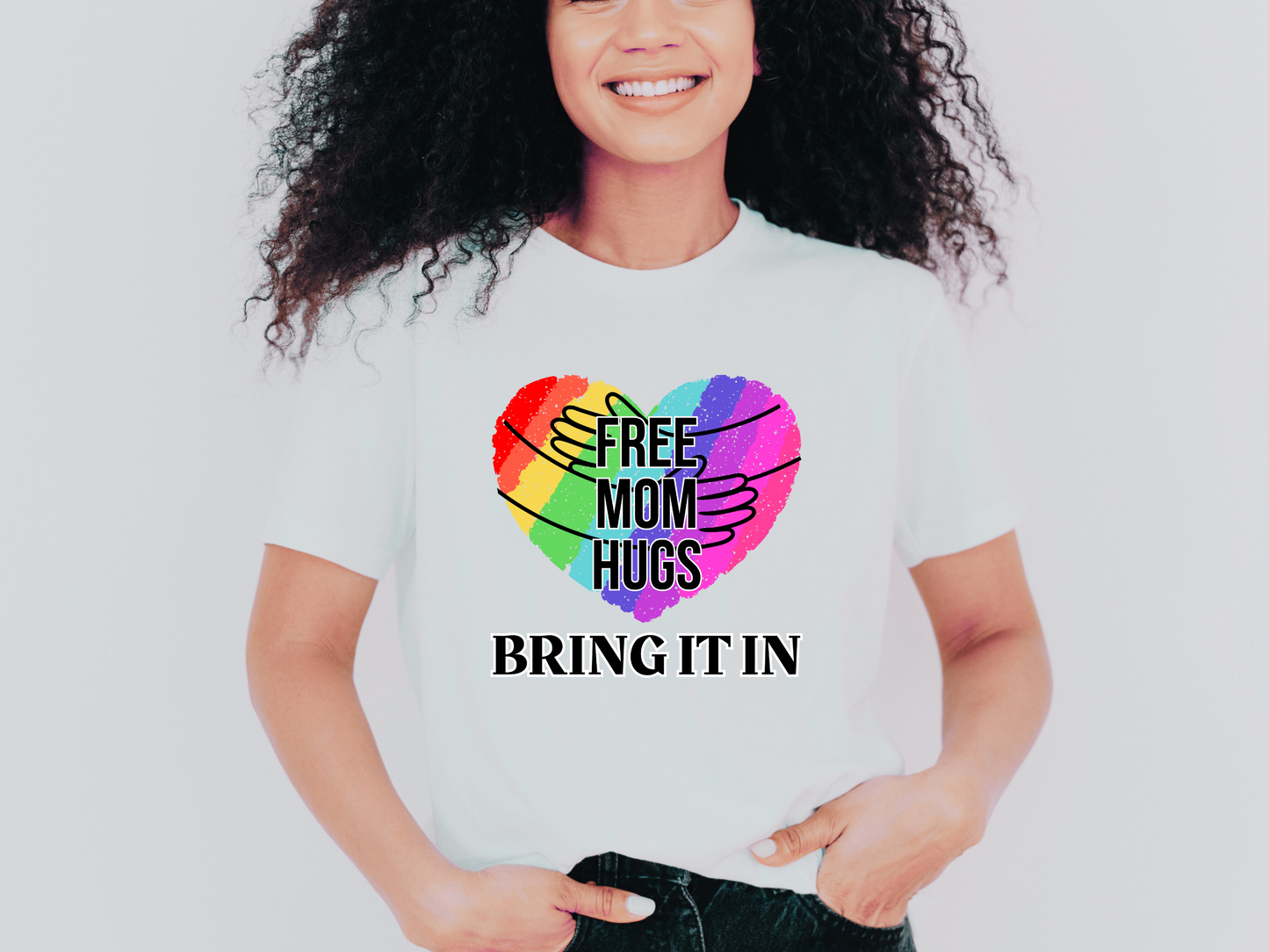 "Free Mom Hug" T-Shirt | Support Your Child's Identity | Cute and Trendy Mom Fashion | Proud Mom of an LGBTQ+ Child Tee | Pride Month Gift Ideas | Comfortable Mom Clothing for Everyday Wear | LGBTQ+ Mom Christmas Gift