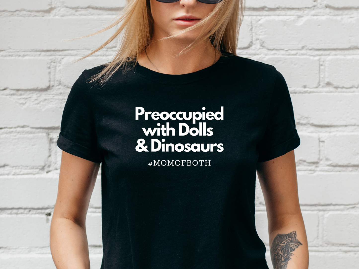 "Preoccupied with Dolls & Dinosaurs" T-Shirt | Perfect Gift for Moms of Boys and Girls | Cute and Trendy Mom Fashion | Mother's Day Gift Ideas for Mom | Mom of Both Shirt |  Mom Life Shirt | Boy and Girl Mama Shirt