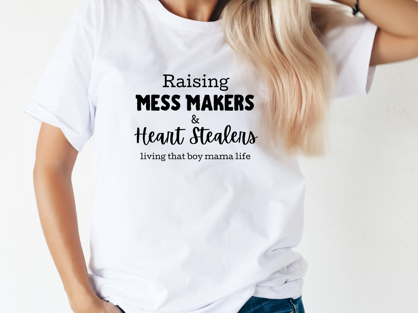 "Raising Mess Makers & Heart Stealers Living That Boy Mama Life" T-Shirt | Perfect Gift for Moms of Boys | Boy Mama Shirt | Mother's Day Gift Ideas | Shirt for Boy Moms | Boy Mom Shirt | Funny Boy Mom Tee