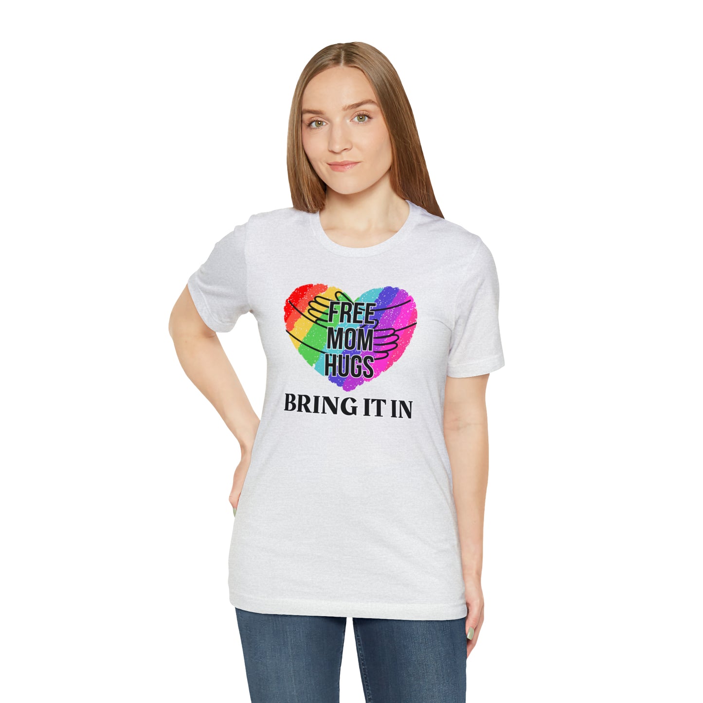 "Free Mom Hug" T-Shirt | Support Your Child's Identity | Cute and Trendy Mom Fashion | Proud Mom of an LGBTQ+ Child Tee | Pride Month Gift Ideas | Comfortable Mom Clothing for Everyday Wear | LGBTQ+ Mom Christmas Gift